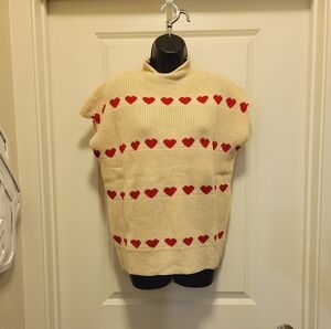 Cream & Red Heart Mock Neck Boutique Knit Bat Wing Sweater Top